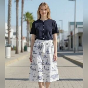 Cynthia Rowley paperbag waist linen navy white nautical saiboat midi small WSK43